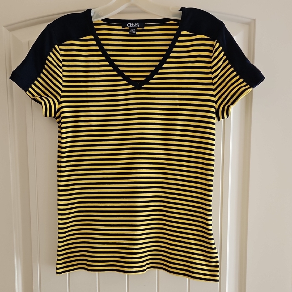 Chaps Women's Preppy V Neck T shirt, Yellow & Navy Stripes Medium
